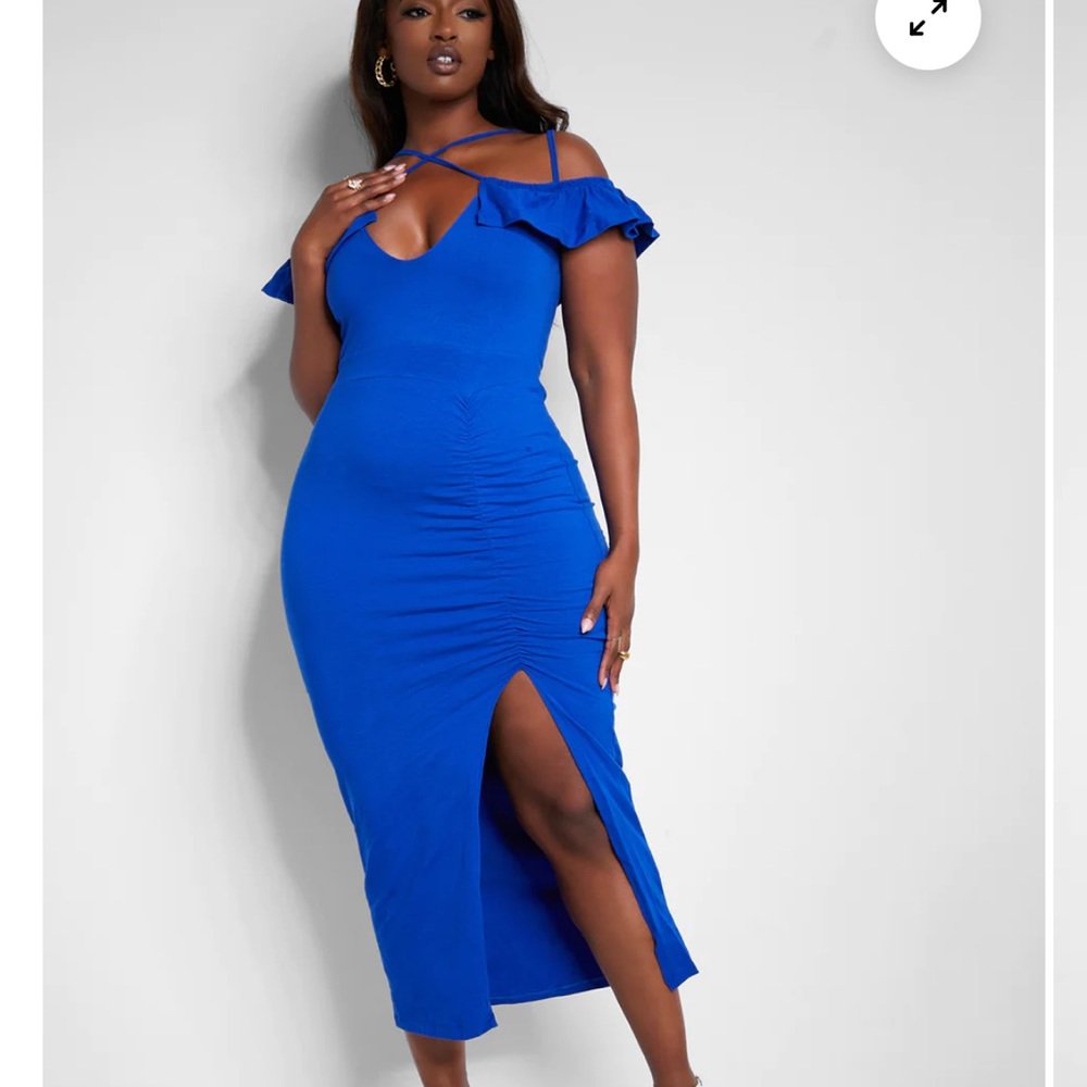 Got His Attention Ruched Bodycon Midi Dress - Royal Blue